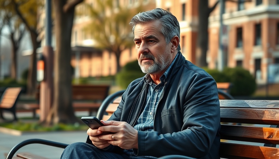 Middle-aged man sitting on park bench with phone, urban setting, dismissal for dishonesty concept.