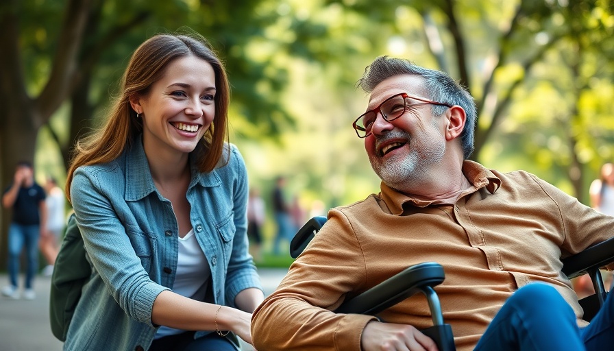 Friendly interaction between young woman and man in wheelchair outdoors.