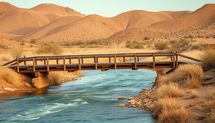 Arid landscape with a wooden bridge crossing a river.