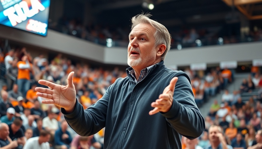 Basketball coach energetically gesturing during a game