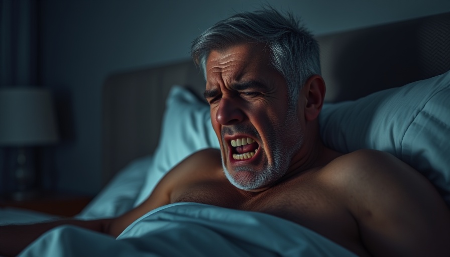 Mature man experiencing nighttime muscle cramps in bed with dim lighting.