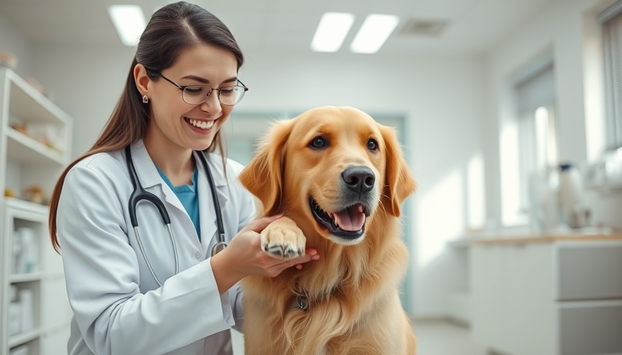 Veterinarian caring for golden retriever with paw injury, Nibbles Pet Rewards Credit Card.