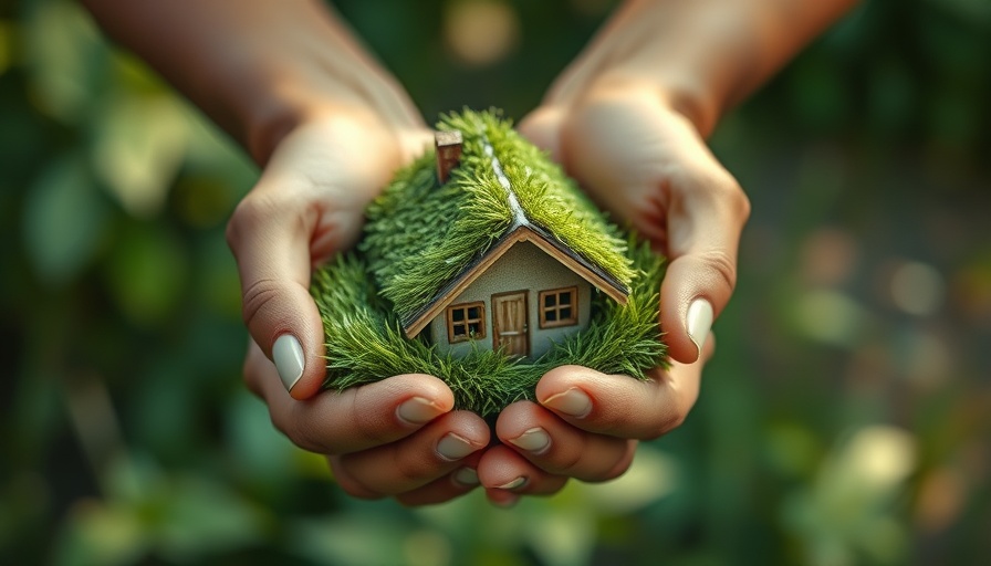 Hands holding a green, grass-covered model house representing energy houses.