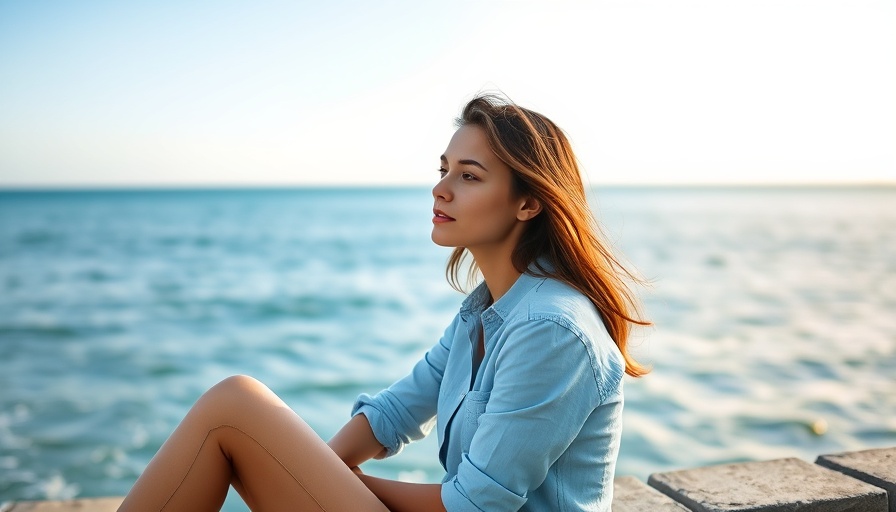 Woman seated by the sea reflecting, mental resilience training, serene setting.