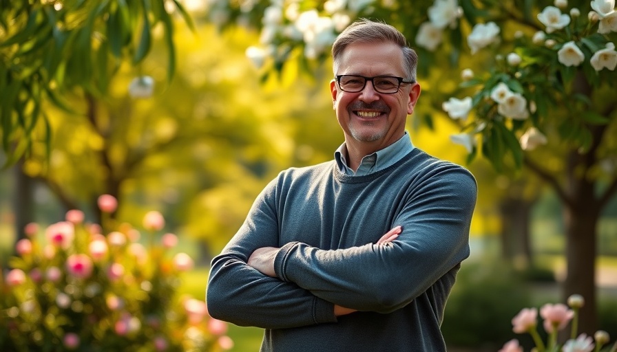 Optimistic man in park embracing a happier more resilient life.