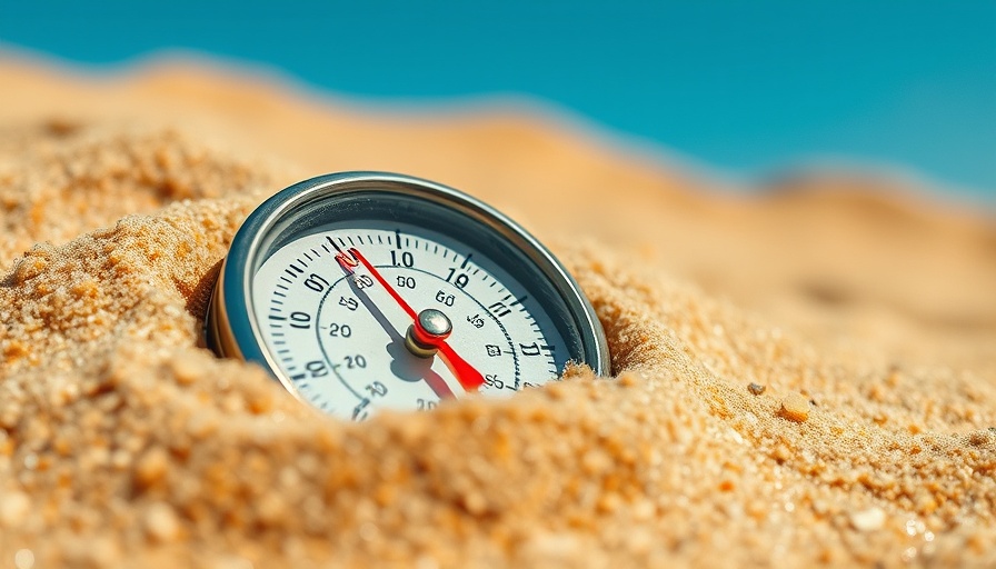Thermometer showing high temperature buried in sand, heat waves.