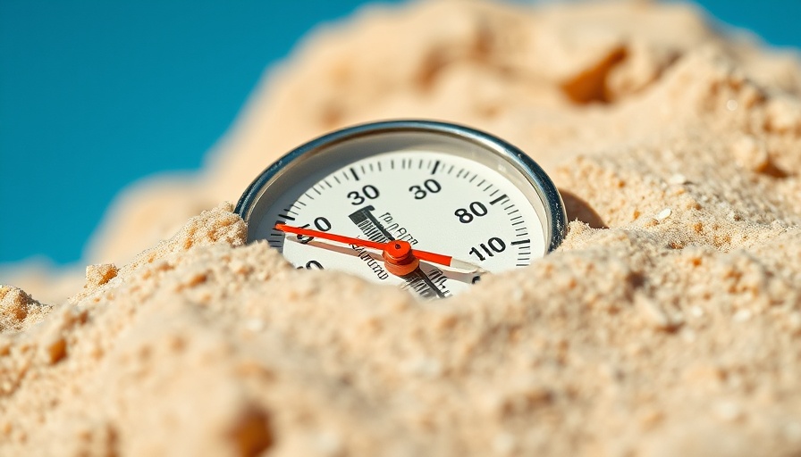 Thermometer in sand shows high temperatures related to corporate emissions and heat waves.