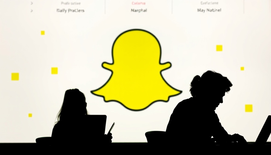 Silhouetted figures with laptops against Snapchat logo backdrop.