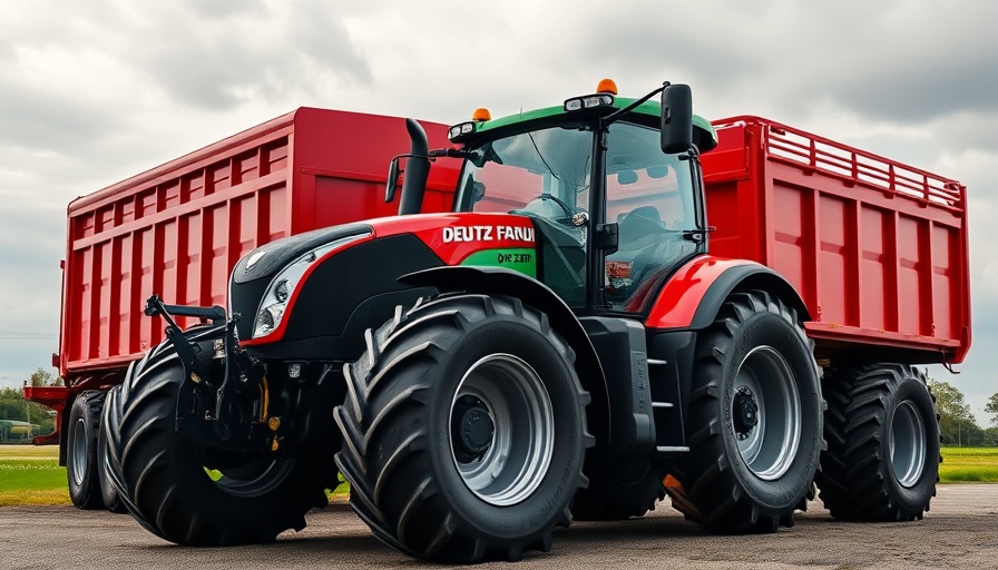 Powerful Deutz-Fahr DX 6.30 tractor attached to a red trailer.