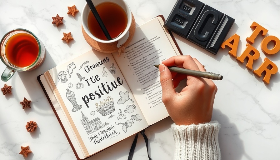 Positive Thinking Day journal with tea, chocolate, and letters.