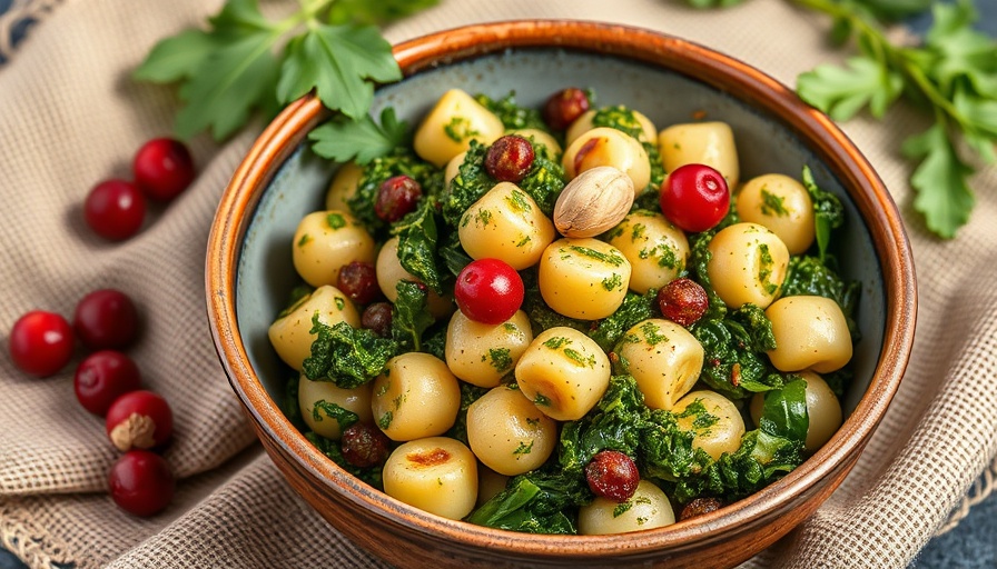 Gnocchi with kale macadamia pesto in a ceramic bowl, bright setting