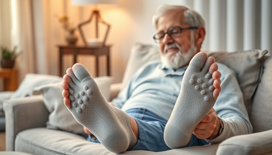 Senior enjoying acupressure socks benefits in a cozy room.