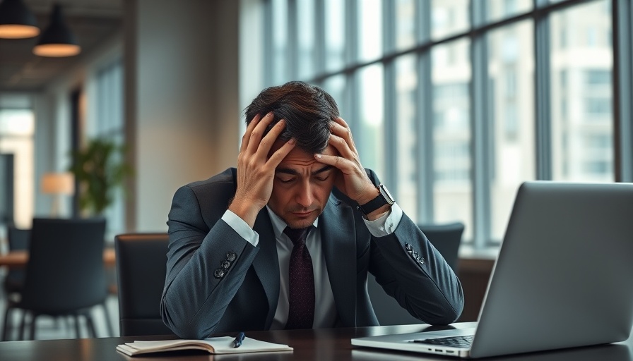 Stressed businessman experiencing workplace toxicity near laptop.