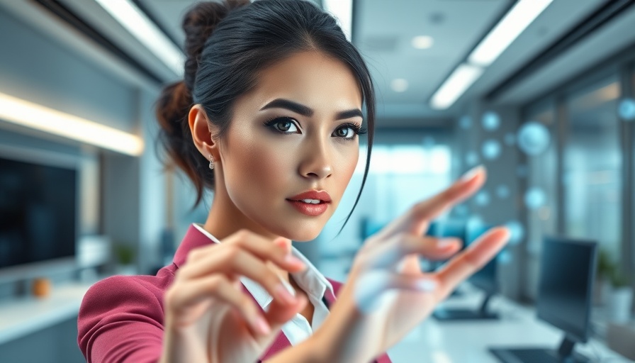 Futuristic workplace automation with holographic data interface.