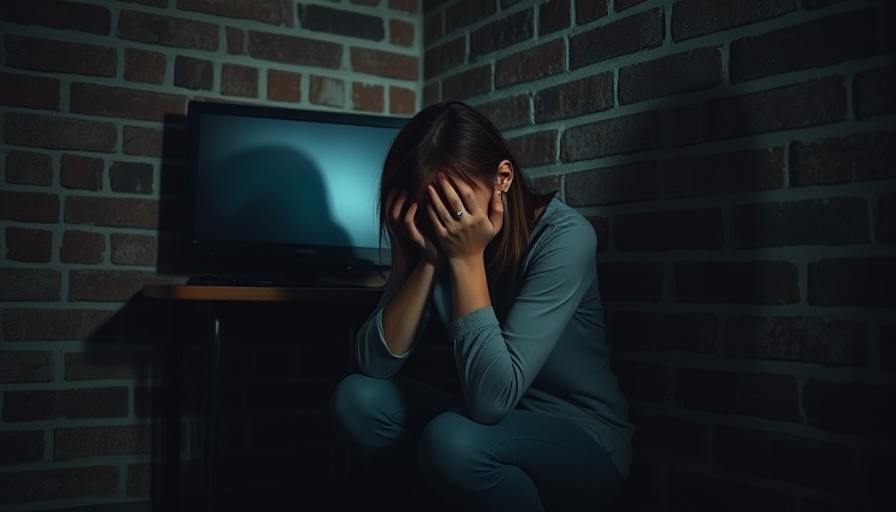 Woman in distress from cyberbullying in a dimly lit room.