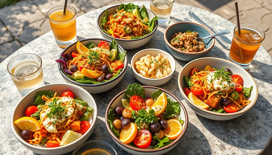 Vibrant vegetarian summer recipes featuring colorful salads on stone table.