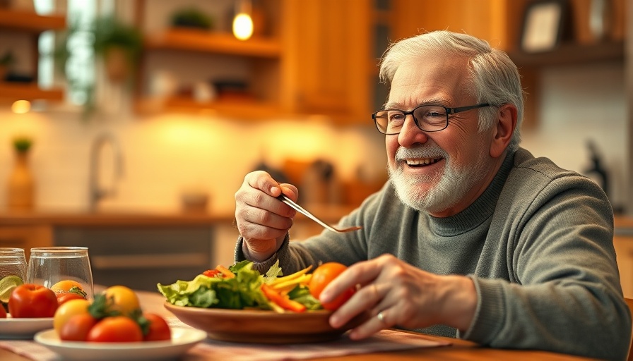 Smiling senior enjoying healthy meal, best eating patterns for seniors.