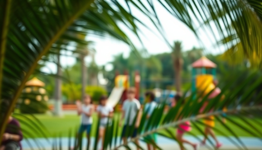 Blurred park scene with palm tree, children playing.