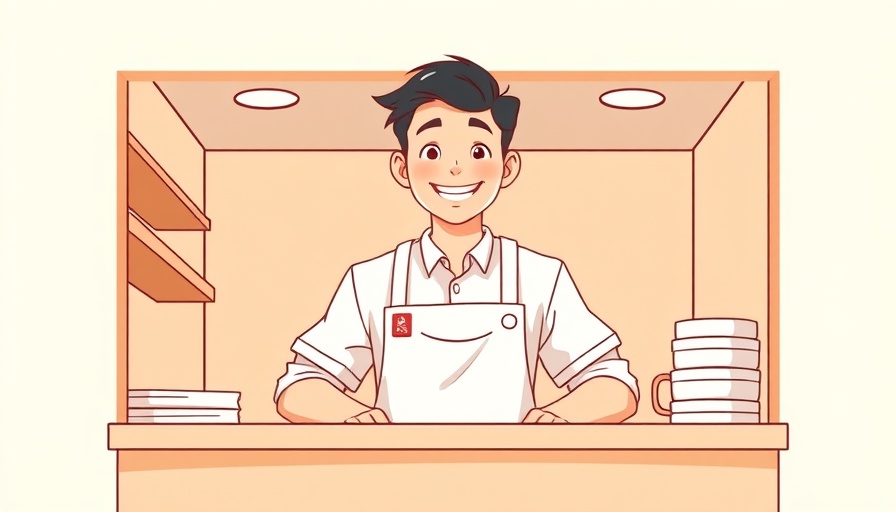 Illustration of young worker in apron at counter, Youth Employment Regulations.