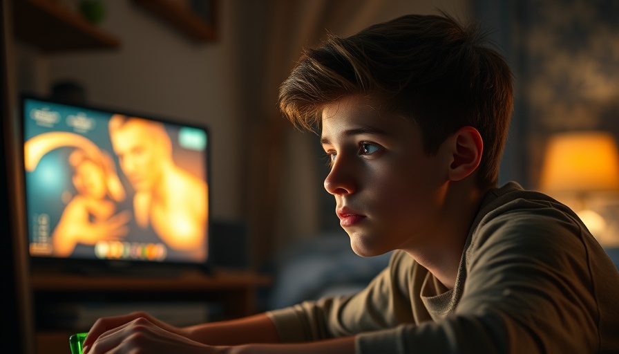 Teenage boy gaming intensely on computer in dimly lit room.