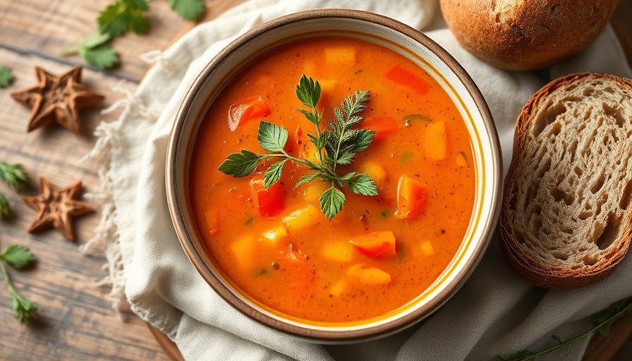 Autumn vegetable soup with bread for healthy eating in fall.