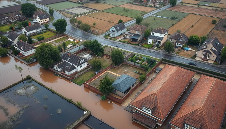 Aerial view showing flooded houses highlighting climate change costs in Europe.