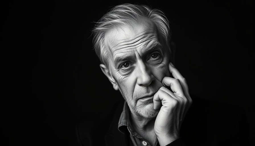 Contemplative older man in black and white portrait reflecting on a modern moral crisis.