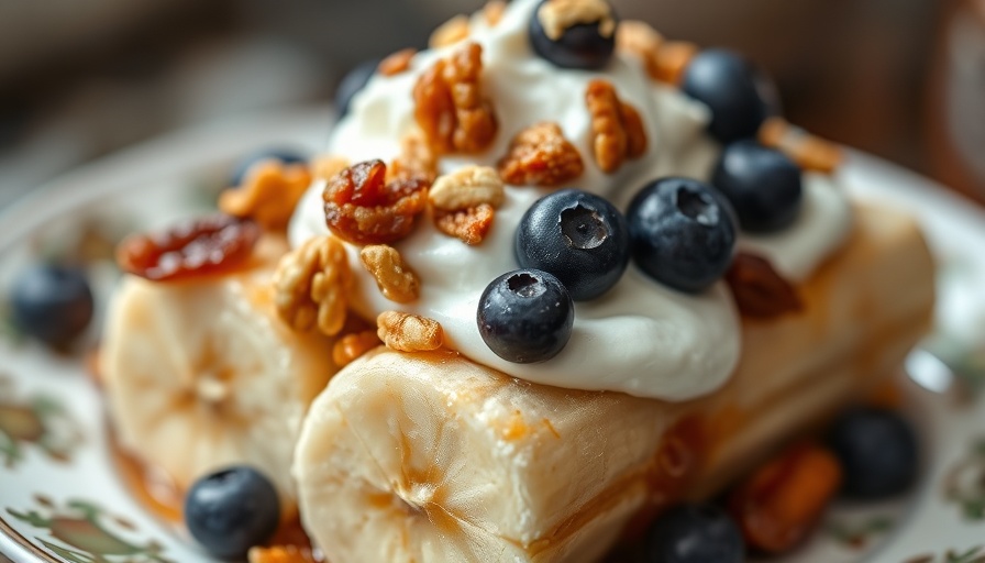 Healthy banana split with yogurt, fruits, and nuts, mobility exercises for improved health.