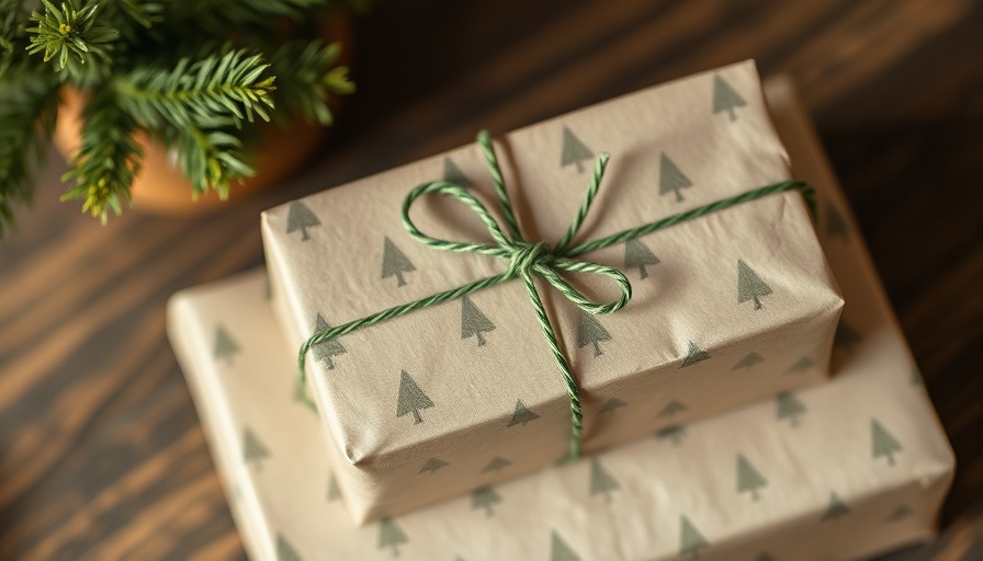 Eco-friendly gift wrapped in green tree pattern paper, promoting sustainable gifting practices.