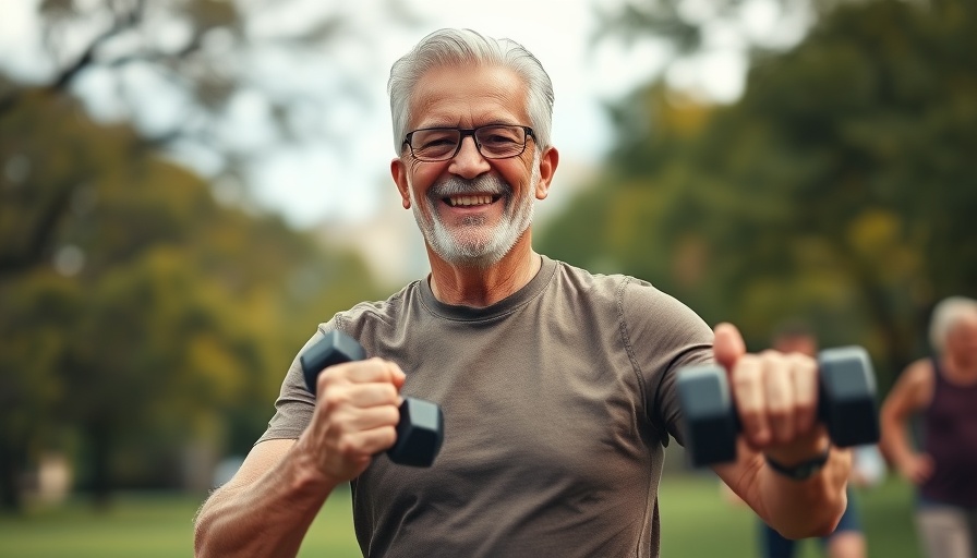Energetic senior man improving fitness with dumbbells in a park.
