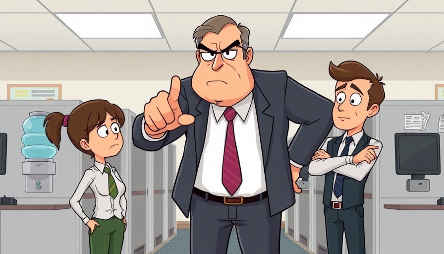 Cartoon depiction of toxic workplace culture with boss and employees.