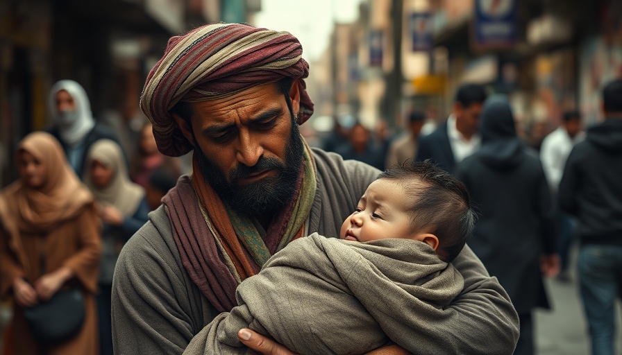 Heartbroken man in Gaza holding an infant, U.N. genocide finding context.