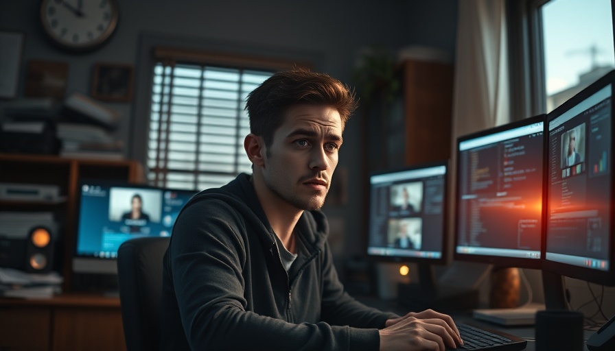 Remote work productivity challenges depicted by tired man at cluttered desk in dim room.