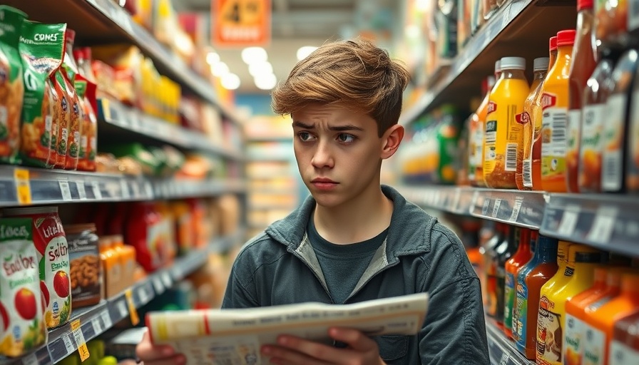 Person examining food labels for severe peanut allergies in a store.