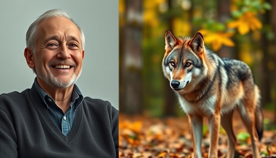 Man smiling with wolf in forest; social impacts of wolf populations in the Netherlands.
