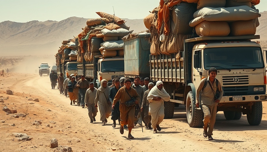Impact of conflict on malnutrition centers shown by refugees on a dusty road.