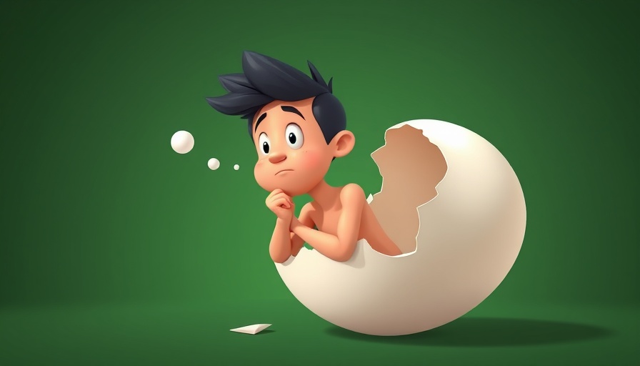 Cartoon person emerging from egg symbolizing beginnings and endings in life.