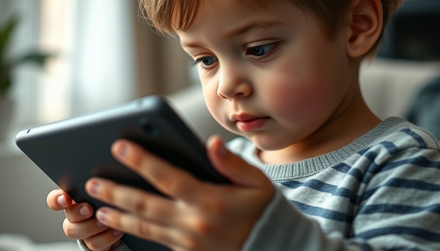 Young child holding a tablet indoors, limit daily screen time concept.