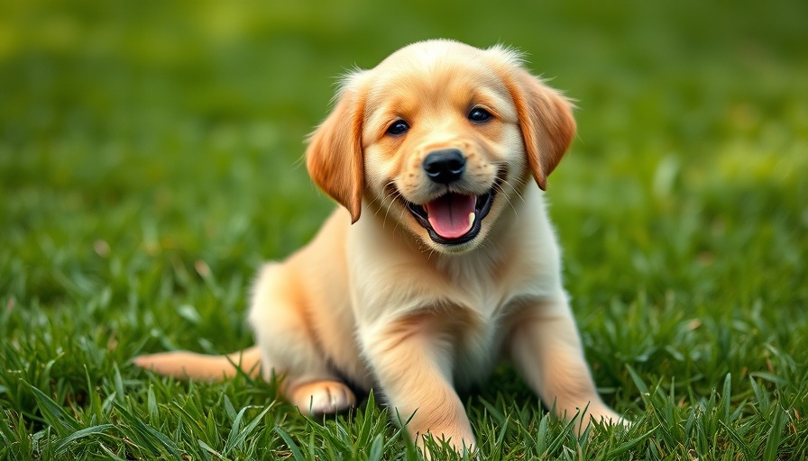Golden retriever puppy enjoying fresh air on green grass.