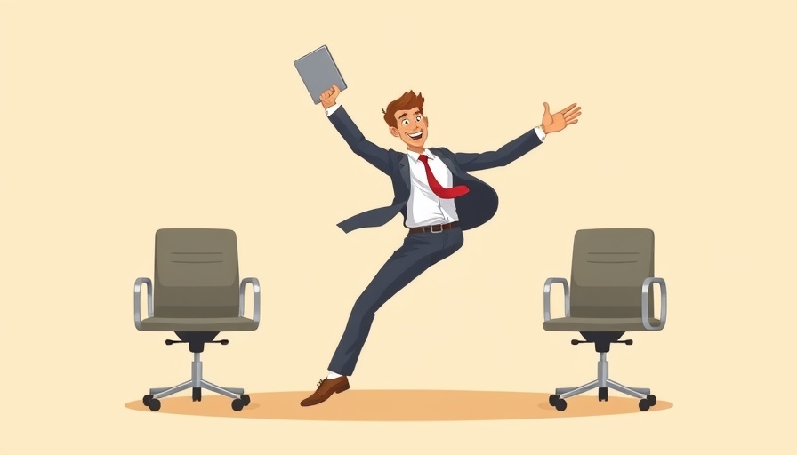 Cartoon man balancing laptop between chairs showing workplace safety