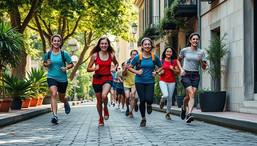 Urban trail running event with runners on a cobblestone street.