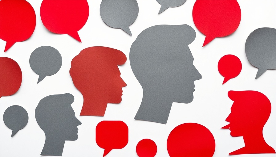 Surreal collage of faces and speech bubbles, depicting communication on taboo topics, minimalist style.