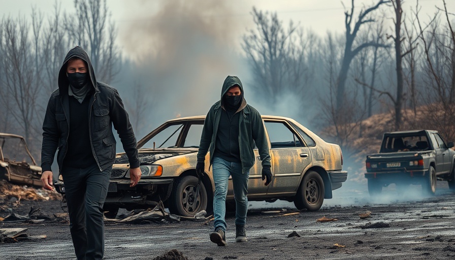 Masked individuals walking by burned car; human cost of climate change depicted.