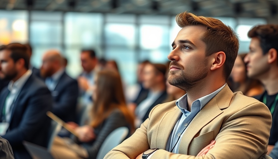 Man at tech conference discussing AI innovations