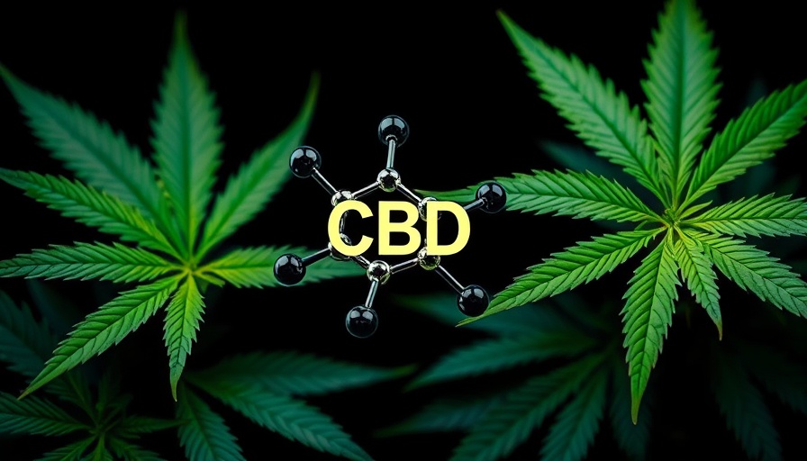CBD molecule illustration over cannabis leaves emphasizing natural origin.