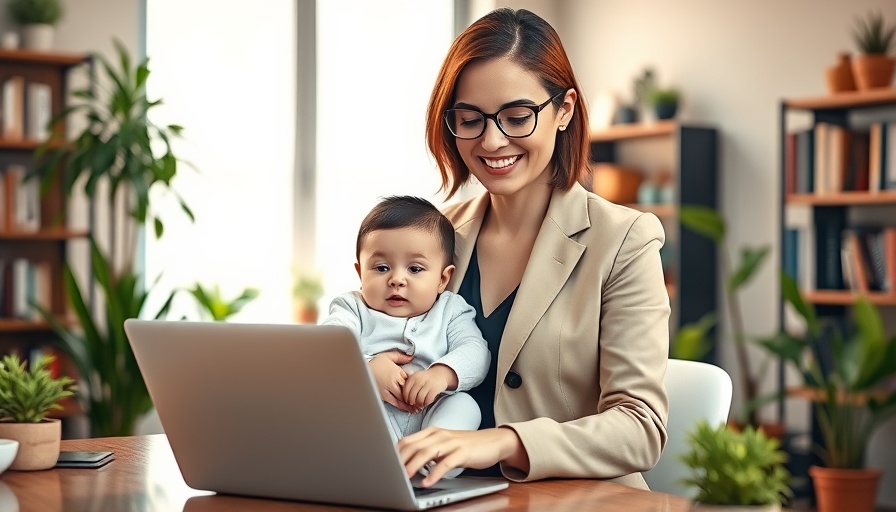 Professional woman balancing work and childcare, smiling at baby.