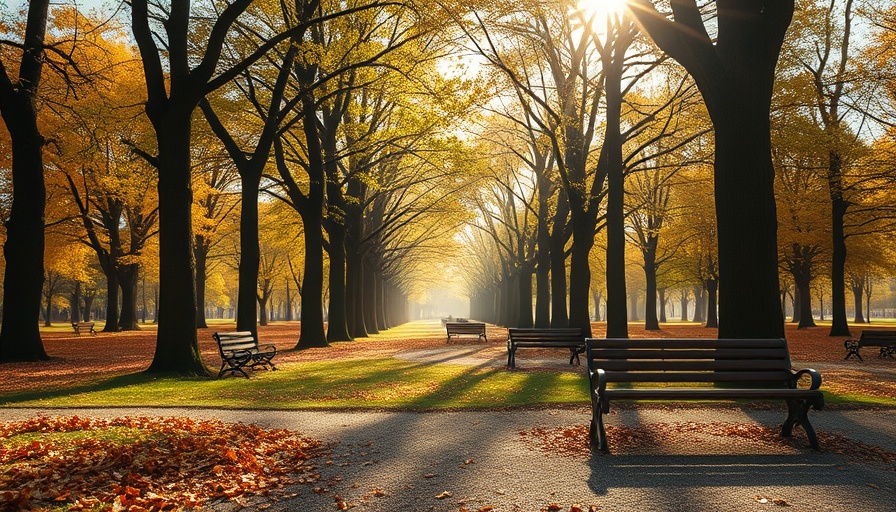 Empty park benches in a serene autumn setting, light streaming through trees.