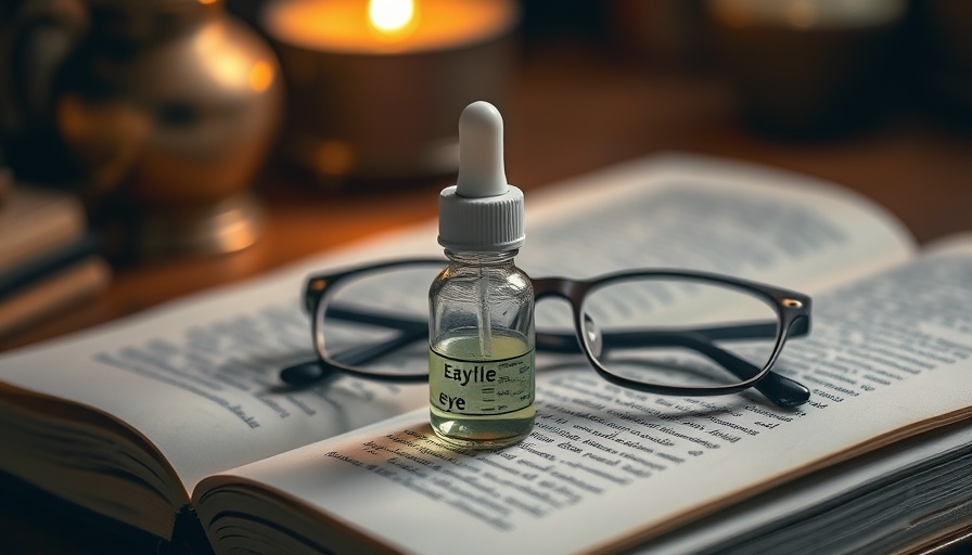 Eye drops and reading glasses on an open book, cozy setting.