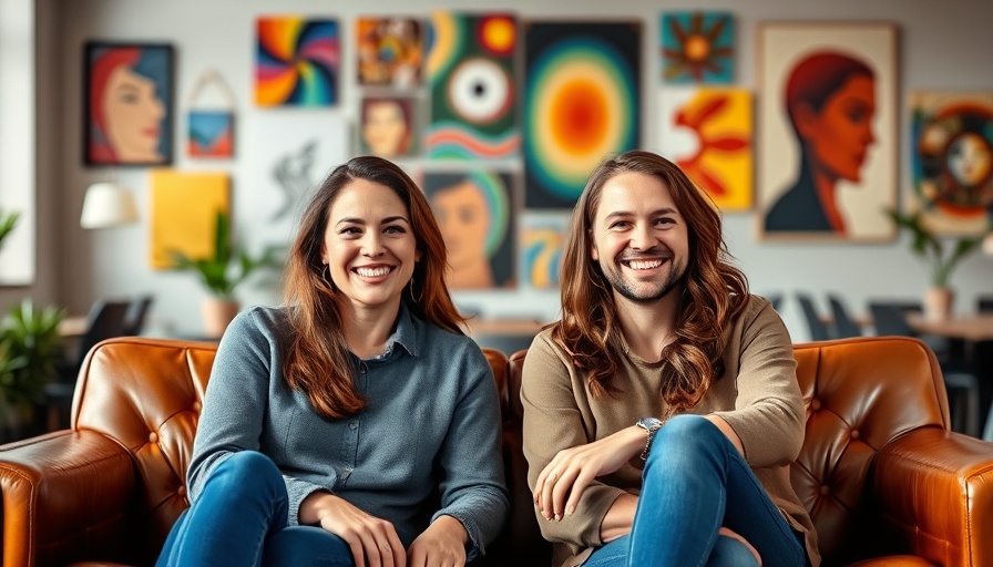 Two cheerful people sitting on a couch with vibrant wall art, promoting sustainable employability.