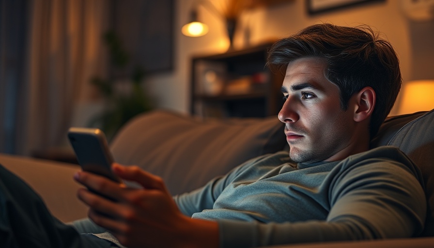 Young man using refurbished smartphone on couch in dim light.